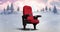 Image of snow falling over red cinema chair in winter scenery