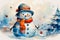 An image of a snowman wearing a Christmas hat, in the style of colorful ink wash paintings. Generative AI