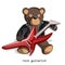 Image of a soft toy bear depicted alive with a hint of humanity with an electric guitar in a leather jacket