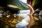 image of someone bare feet soaking and walking in a flowing river stream.