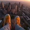 image of someone sitting on high area with bird\\\'s eye view looking down on the landscape below with a pair of legs in view