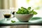 An image of a spa setting with a bowl of water infused with mint leaves, accompanied by a towel and a sprig of mint, symbolizing