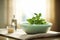 An image of a spa setting with a bowl of water infused with mint leaves, accompanied by a towel and a sprig of mint, symbolizing