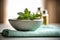 An image of a spa setting with a bowl of water infused with mint leaves, accompanied by a towel and a sprig of mint, symbolizing