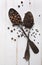 Image of spoons full of black peppercorn and allspice on wooden cutting board