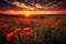 An image of a stunning sunset over a field of poppies, creating a warm and serene atmosphere. Generative AI