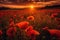 An image of a stunning sunset over a field of poppies, creating a warm and serene atmosphere. Generative AI