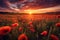 An image of a stunning sunset over a field of poppies, creating a warm and serene atmosphere. Generative AI