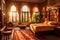 An image of a stylish bedroom in a Moroccan Riad, with carved wooden furniture, colorful textiles, and soft lighting, creating an