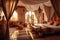 An image of a stylish bedroom in a Moroccan Riad, with carved wooden furniture, colorful textiles, and soft lighting, creating an