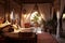 An image of a stylish bedroom in a Moroccan Riad, with carved wooden furniture, colorful textiles, and soft lighting, creating an