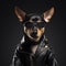 Image of stylish cool dog wearing sunglasses as fashion and wore a leather jacket. Modern fashion, Animals