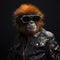 Image of stylish cool gibbon wearing sunglasses as fashion and wore a leather jacket. Modern fashion, Wildlife Animals