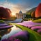 image sunrise ,lake , nature of morning ,beautiful garden with palace, , beautiful sky