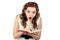 Image of surprised pinup woman reading book