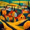 image of surreal or dreamlike city or town rendered in a colorful,bold and expressive art Brut style.