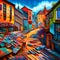 image of surreal or dreamlike city or town rendered in a colorful,bold and expressive art Brut style.