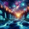 image of a surreal landscape where a cascade of bio-luminescent waterfalls flow through a mystical forest.