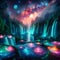 image of a surreal landscape where a cascade of bio-luminescent waterfalls flow through a mystical forest.