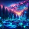 image of a surreal landscape where a cascade of bio-luminescent waterfalls flow through a mystical forest.
