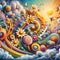 image of surrealism fantastic swirling imagination music flowers sunny happiness joyful journey beautiful life.