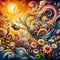 image of surrealism fantastic swirling imagination music flowers sunny happiness joyful journey beautiful life.