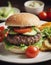 In this image, a tasty hamburger is presented on a plate, accompanied by fresh and bright vegetables.