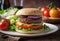 In this image, a tasty hamburger is presented on a plate, accompanied by fresh and bright vegetables.