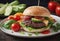 In this image, a tasty hamburger is presented on a plate, accompanied by fresh and bright vegetables.