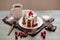 Image of tasty pancakes with blueberries and raspberries on white plate, on dark brown colour rustic backdrop, cup of tea or coffe