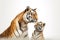 Image of tiger mother and baby tiger on a white background. Wild animal. illustration, generative AI