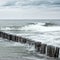 Image with time exposure of waves at breakwaters in the Baltic Sea