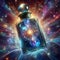 image of the time is represented in a bottle, surrounded by colorful universal cosmic atmosphere.