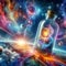 image of the time is represented in a bottle, surrounded by colorful universal cosmic atmosphere.