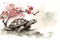 Image of tortoise with pink cherry blossoms in ancient chinese style. Wildlife Animals. Nature. Illustration, Generative AI