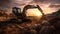 Image of a tracked excavator in a quarry with a setting sun and light rays. Generative Ai