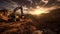 Image of a tracked excavator in a quarry with a setting sun and light rays. Generative Ai