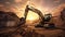 Image of a tracked excavator in a quarry with a setting sun and light rays. Generative Ai