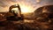 Image of a tracked excavator in a quarry with a setting sun and light rays. Generative Ai