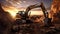 Image of a tracked excavator in a quarry with a setting sun and light rays. Generative Ai
