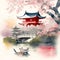 image of the traditional Japanese watercolor painting art featuring cherry blossoms,pagoda,bridge,bamboo and serene landscape.