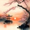 image of the traditional Japanese watercolor painting art featuring cherry blossoms,pagoda,bridge,bamboo and serene landscape.