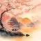 image of the traditional Japanese watercolor painting art featuring cherry blossoms,pagoda,bridge,bamboo and serene landscape.