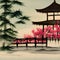 image of the traditional Japanese watercolor painting art featuring cherry blossoms,pagoda,bridge,bamboo and serene landscape.