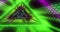 Image of triangular green and pink 3d light display flashing and moving on black background