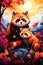 Image of two red pandas sitting on rock. Generative AI