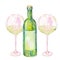 Image of the two watercolor glasses of white wine and wine bottle.