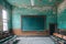 An image of an unoccupied classroom featuring a traditional chalkboard and rows of vacant chairs, A Gastby-esque depiction of an