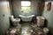 image of the unorganized or abandoned bathroom with bath tub, toilet and uncleaned shower.