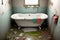 image of the unorganized or abandoned bathroom with bath tub, toilet and uncleaned shower.